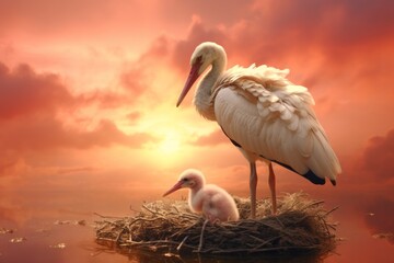 Stork with cub in a nest against a beautiful sunset and copy space