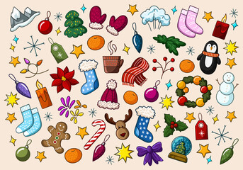 Big set of Christmas stickers. Merry Christmas and Happy New Year cartoon elements. Winter and holiday festive signs for greeting cards, wrapping paper, banner, poster design