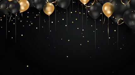 free photos Gold yellow balloons and falling foil confetti on black background for writing space.Generative AI