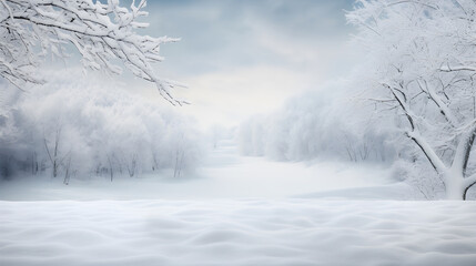 Winter snow landscape and empty rustic wooden table with snow on top. Xmas winter background. Christmas card.