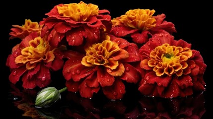 Colorful marigold flowers on a black background with water drops