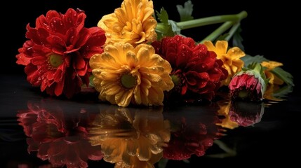 Beautiful marigold flowers on a black background with water drops. Mother's Day Concept. Valentine's Day Concept with a Copy Space. Springtime.