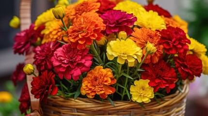 Colorful marigold flowers in the basket on the table. Mother's Day Concept. Valentine's Day Concept with a Copy Space. Springtime.