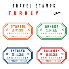 Naklejka premium Travel PNG - passport stamps set (fictitious stamps). Turkey destinations: Istanbul, Ankara, Antalya and Dalaman. Transparent PNG illustration.
