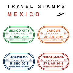 Travel PNG - passport stamps set (fictitious stamps). Mexico destinations: Mexico City, Cancun, Acapulco and Guadalajara. Transparent PNG illustration.