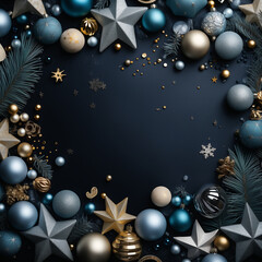 Blue, gold and silver christmas ornament border on a navy blue background. with copy space for text. The concept of Christmas and New Year
