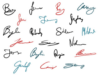 Collection of handwritten signatures. Personal contract fictitious signature set. Transparent PNG illustration.