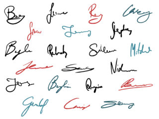 Foto op Plexiglas Collection of handwritten signatures. Personal contract fictitious signature set. Transparent PNG illustration. © Tupungato