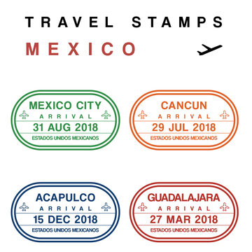Travel PNG - passport stamps set (fictitious stamps). Mexico destinations: Mexico City, Cancun, Acapulco and Guadalajara. Transparent PNG illustration.