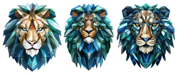lion head icon made oflines and facets isometric 3d. Isolated on transparent background - obrazy, fototapety, plakaty