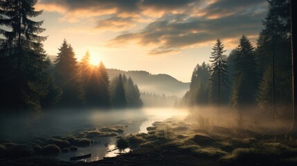 A misty forest with towering pine trees, Carpet of fog and the soft glow of diffused sunlight creating a mystical atmosphere.