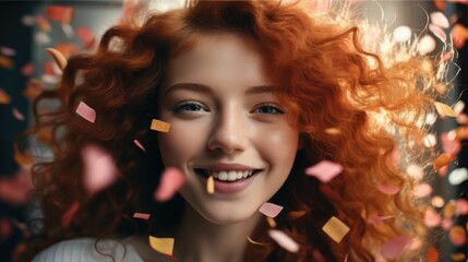Festive female portrait, Beautiful young woman red-haired curly pretty with flying confetti, Celebrate.