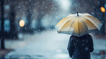 person walking on street on snowy and cold day with umbrella in winter