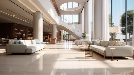 The lobby of the ground floor of a residential apartment for waiting and meeting guests or residents in their free time.