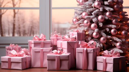 Charming Christmas in Pink: A Deluge of Pastel Gifts Creating a Cozy and Stylish Atmosphere. Generative AI.