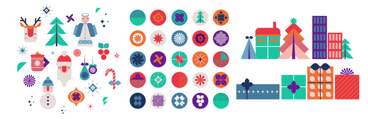 A collection of vibrant, geometric Christmas elements, including trees, gifts, and festive icons in a modern flat design style. Trendy, contemporary abstract design. Modern style. Flat vector illustra