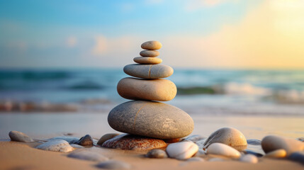 Zen stone tower stacked stones on a beach.