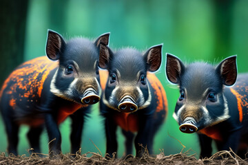 niedliche Wildschwein Babys Rotte Frischlinge Portrait vor einem unscharfen Hintergrund aus Wald, wildlebende Tiere aus Europa, Amerika und Asien - Powered by Adobe