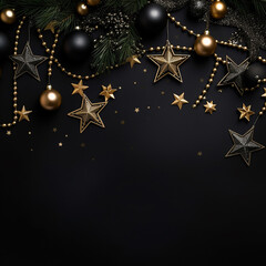 Christmas and New Year background with black baubles, stars and fir branches on black