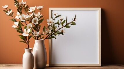 Wooden frame mockup on a desk with vases with flowers. Dark background. Generative AI