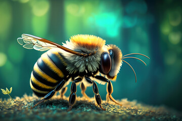 Biene als Makroaufnahme orange leuchtend vor einem unscharfen Hintergrund aus grünen Wald oder Garten. Honig Sammlerin und Schwarmtier, Insekt des Sommers in einer natürlichen gesunden Umgebung. - obrazy, fototapety, plakaty