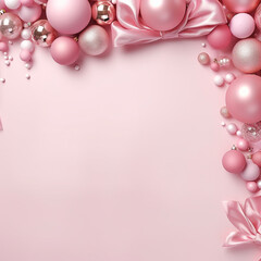 Fototapeta na wymiar Festive background with pink and white balls, bows and ribbons.