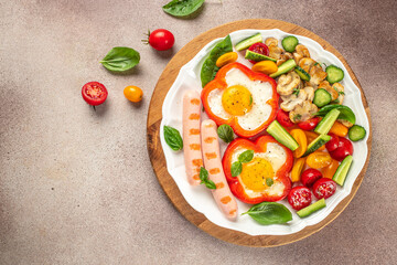 Breakfast set. fried eggs with sausages, mushrooms and vegetables on a light background banner, menu, recipe copy space, top view