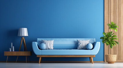 Home interior mock-up with blue sofa wooden table