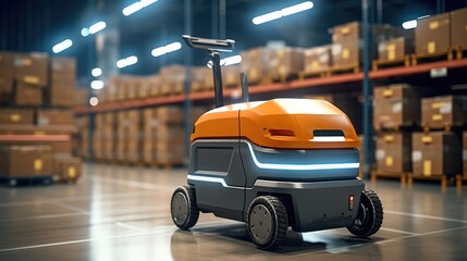 Warehouse delivery using advanced robotics and automated guided vehicles. - obrazy, fototapety, plakaty