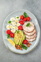 Healthy eating food avocado, eggs, chicken fillet and cherry tomatoes. Keto food concept. Restaurant menu, dieting, cookbook recipe top view