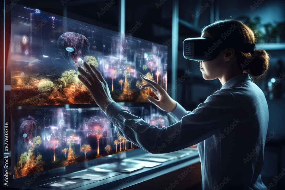Aufkleber virtual reality, woman scientist wearing virtual reality goggles for 3d research, touching augmented