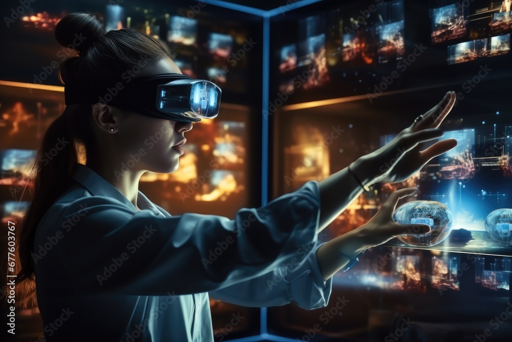 Poster virtual reality, woman scientist wearing virtual reality goggles for 3d research, touching augmented
