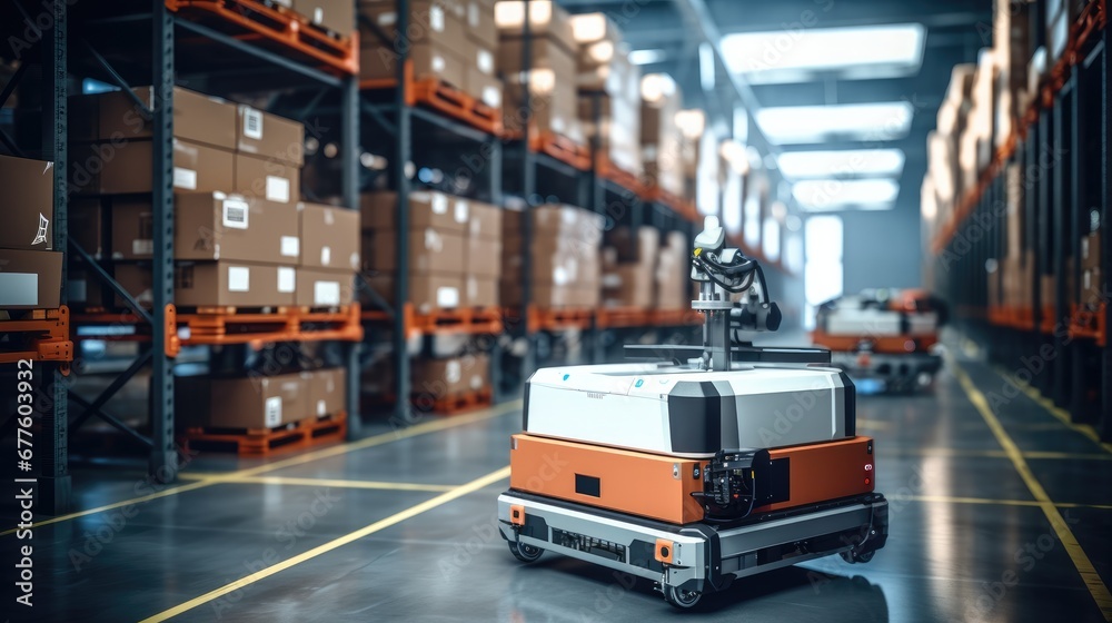 Leinwandbilder Robot forklift efficiently sorting in modern warehouse, Automated warehouse concept with automation robot work in warehouse.