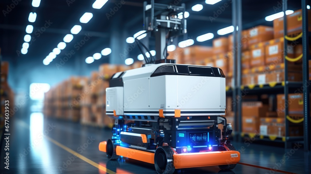 Leinwandbilder Robot forklift efficiently sorting in modern warehouse, Automated warehouse concept with automation robot work in warehouse.