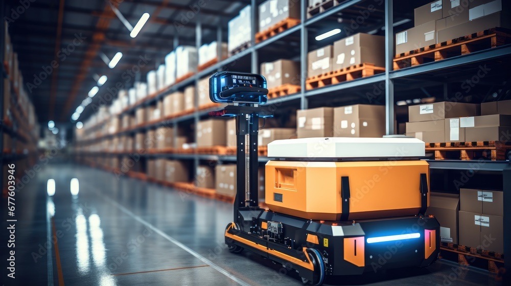 Poster Robot forklift efficiently sorting in modern warehouse, Automated warehouse concept with automation robot work in warehouse.
