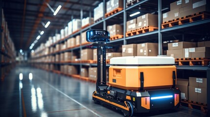Robot forklift efficiently sorting in modern warehouse, Automated warehouse concept with automation robot work in warehouse. - obrazy, fototapety, plakaty