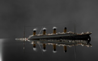Sinking steamer steam boat at night 3D render image in HDR