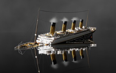 Sinking steamer steam boat at night 3D render image in HDR - obrazy, fototapety, plakaty