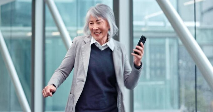 Senior Business Woman, Dancing And Office With Smartphone, Excited Smile And Celebration For Success. Mature Asian Entrepreneur, CEO And Winner With Comic Dance, Phone And Fintech App For Trading