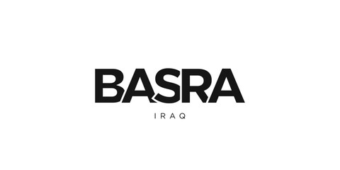 Basra in the Iraq emblem. The design features a geometric style, vector illustration with bold typography in a modern font. The graphic slogan lettering.