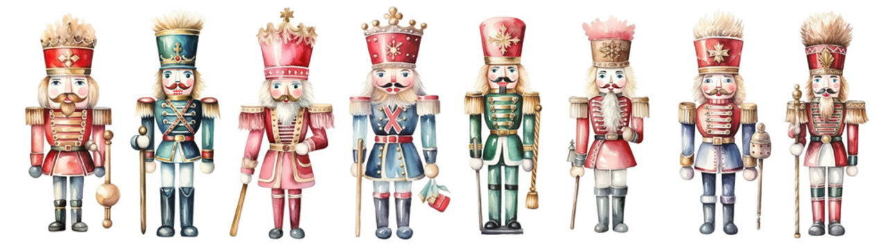 Watercolor illustration. Christmas nutcracker set. 
