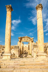 View at the Nymphaeum at Maximus street in Archaeological complex of Jerash in Jordan