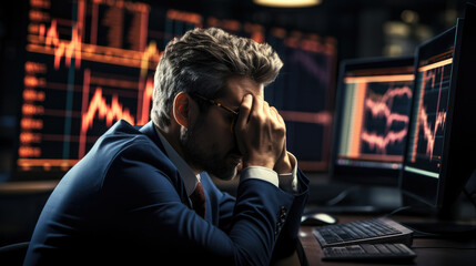 Trader depressed and frustrated in front of his screen with a losing stock chart. - obrazy, fototapety, plakaty
