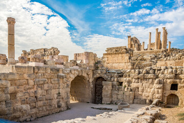 View at the ruins of Deacon house in Archaeological complex of Jerash in Jordan