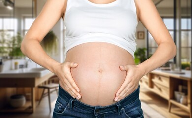 Pregnant woman naked belly hold in hands