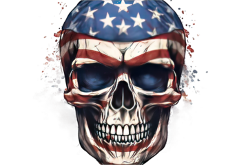 America Flag painted on a skull head transparent on PNG background. Generative Ai.
