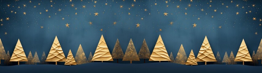 Merry Christmas advent celebration background banner panorama, long greeting card illustration - Landscape with golden Christmas trees and blue night sky with stars