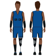 black athlete in blue basketball uniform, front and back view, with prosthetic legs, vector illustration