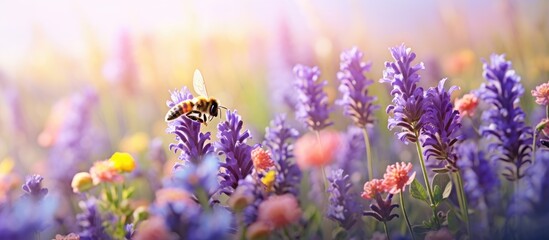 In the summer garden the vibrant colors of the floral landscape create a mesmerizing background while bumblebees buzz around collecting honey from the lavender plants in the field and fillin - obrazy, fototapety, plakaty