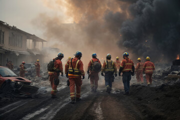 Rescue service in emergency situations. Firefighters and rescue in uniform work during a accident at the scene of an accident and a fire with smoke, rear view - Powered by Adobe
